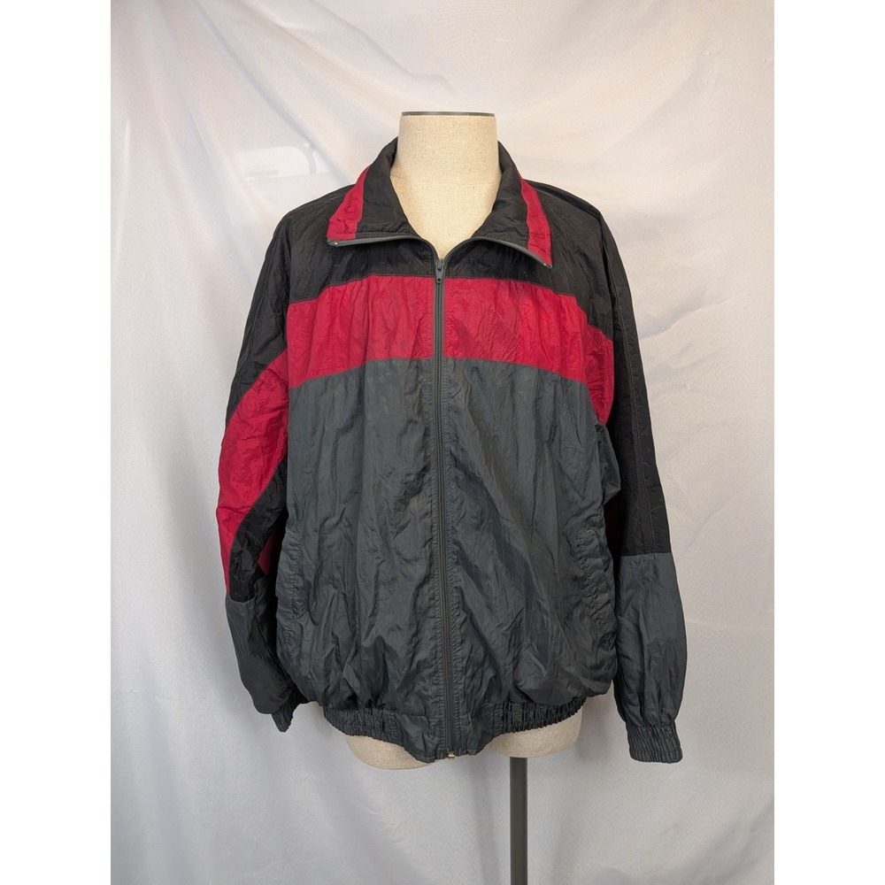 Athletic Works Vintage Windbreaker Jacket Men's XL Black Red Gray Nylon Gorpcore